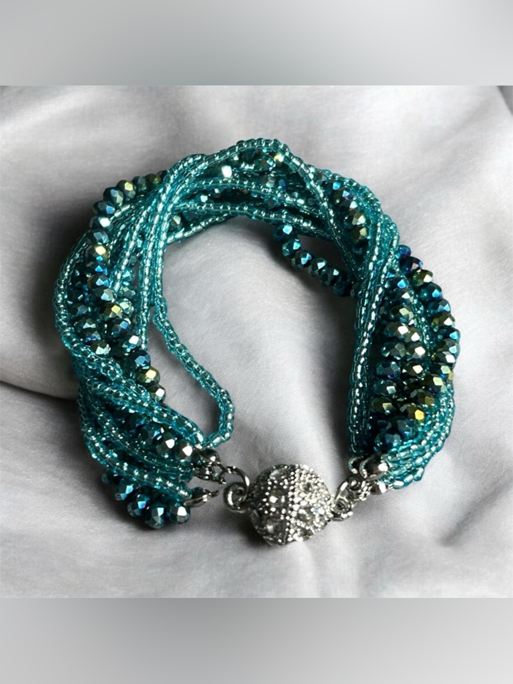 Multistrand Artificial Teal Crystal Bead Bracelet with Magnetic Pave Clasp 8”